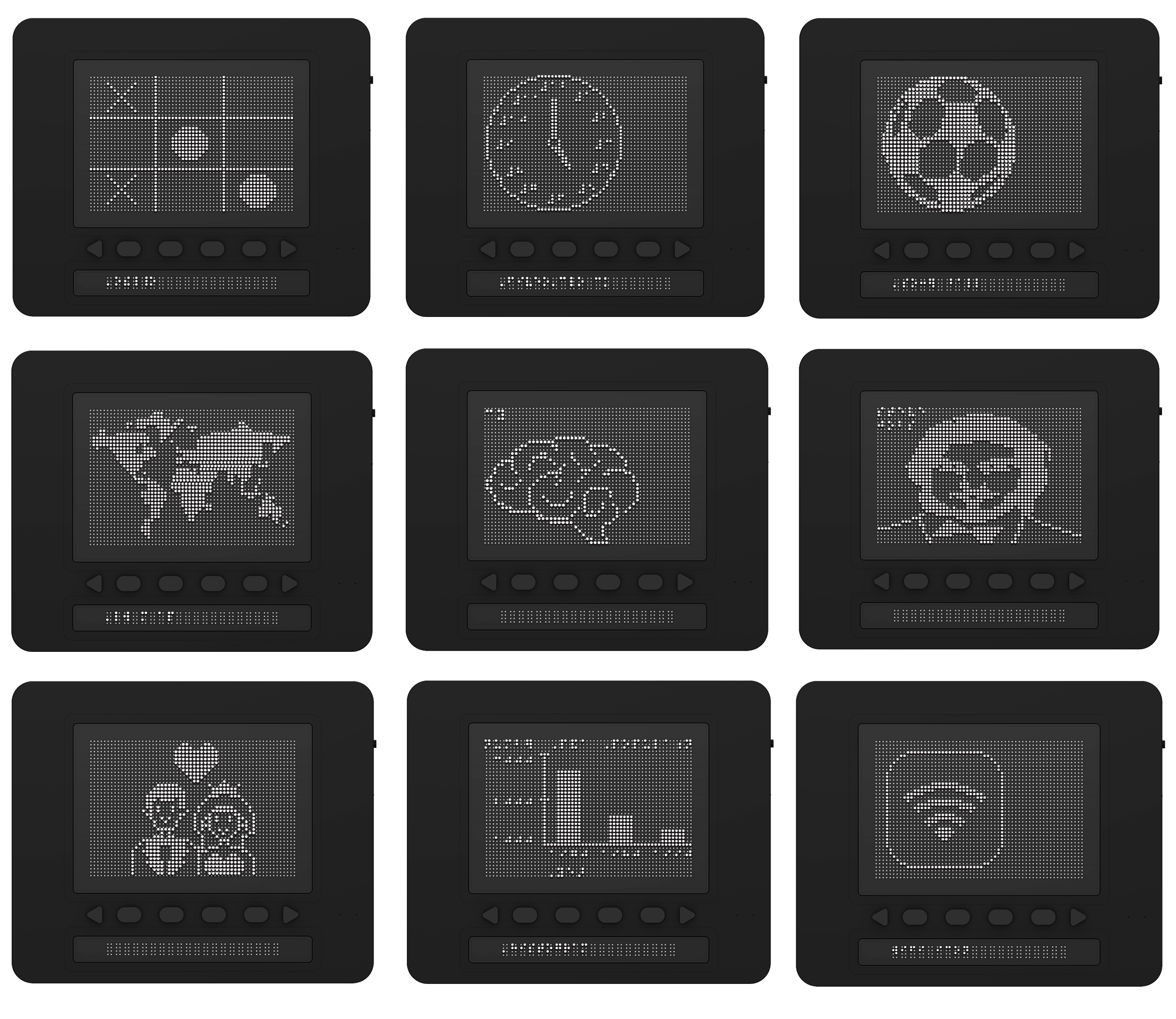 9 tiles showing screen shots of a Dot Pad with different tactile images from Dot Canvas. These include a football, wifi symbol and a map of the world