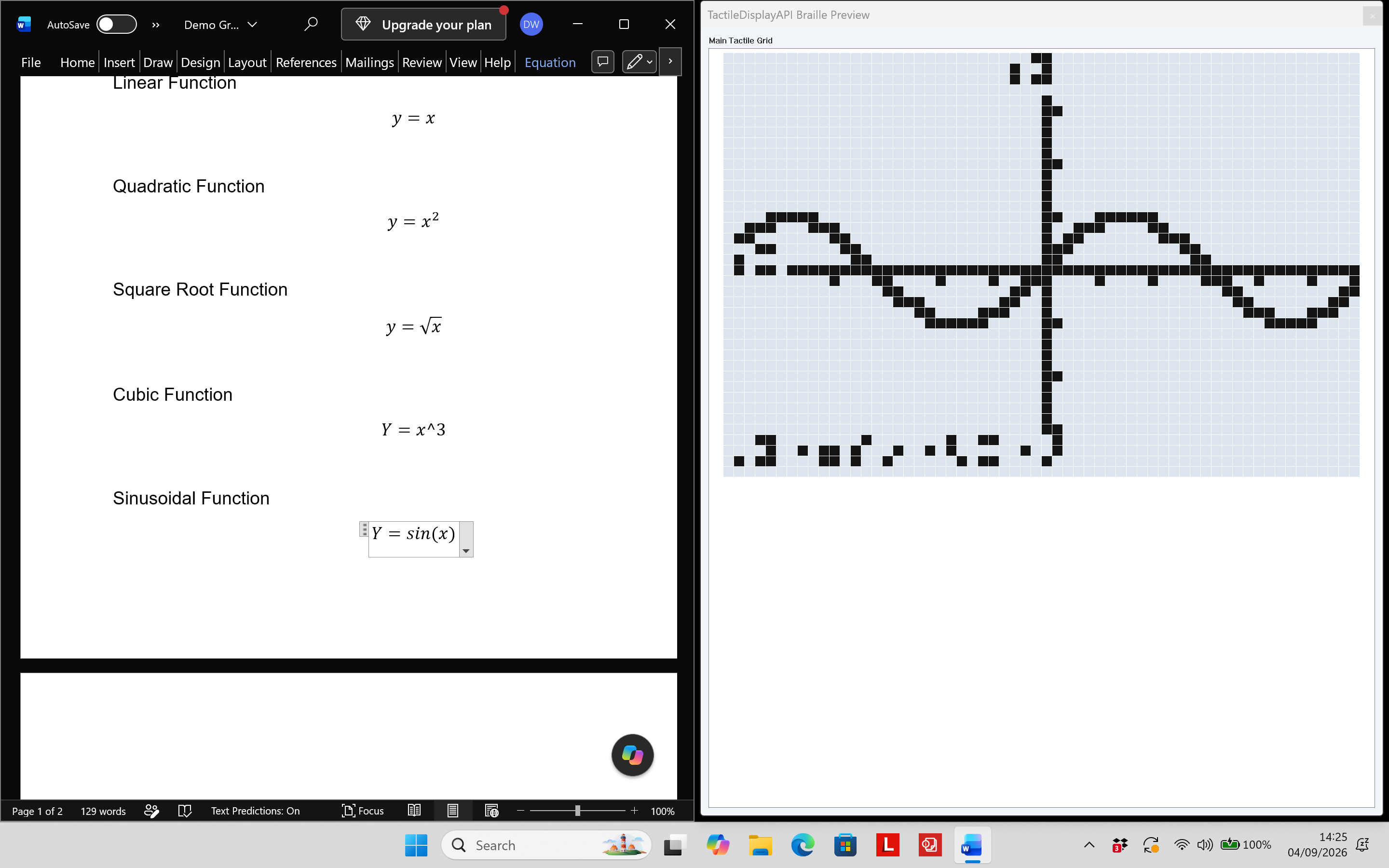 Tactile API Screenshot: A document on the left with the cursor on an equation Y=Sin(X). On the right we see an onscreen render of a tactile Sine graph generated on Dot Pad.