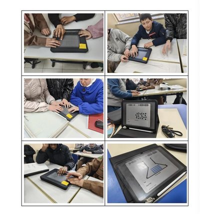 6 images of students at a school in Amman, Jordan using the Dot Pad